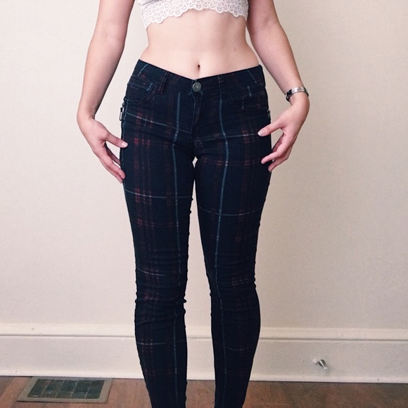 high waisted plaid skinny jeans